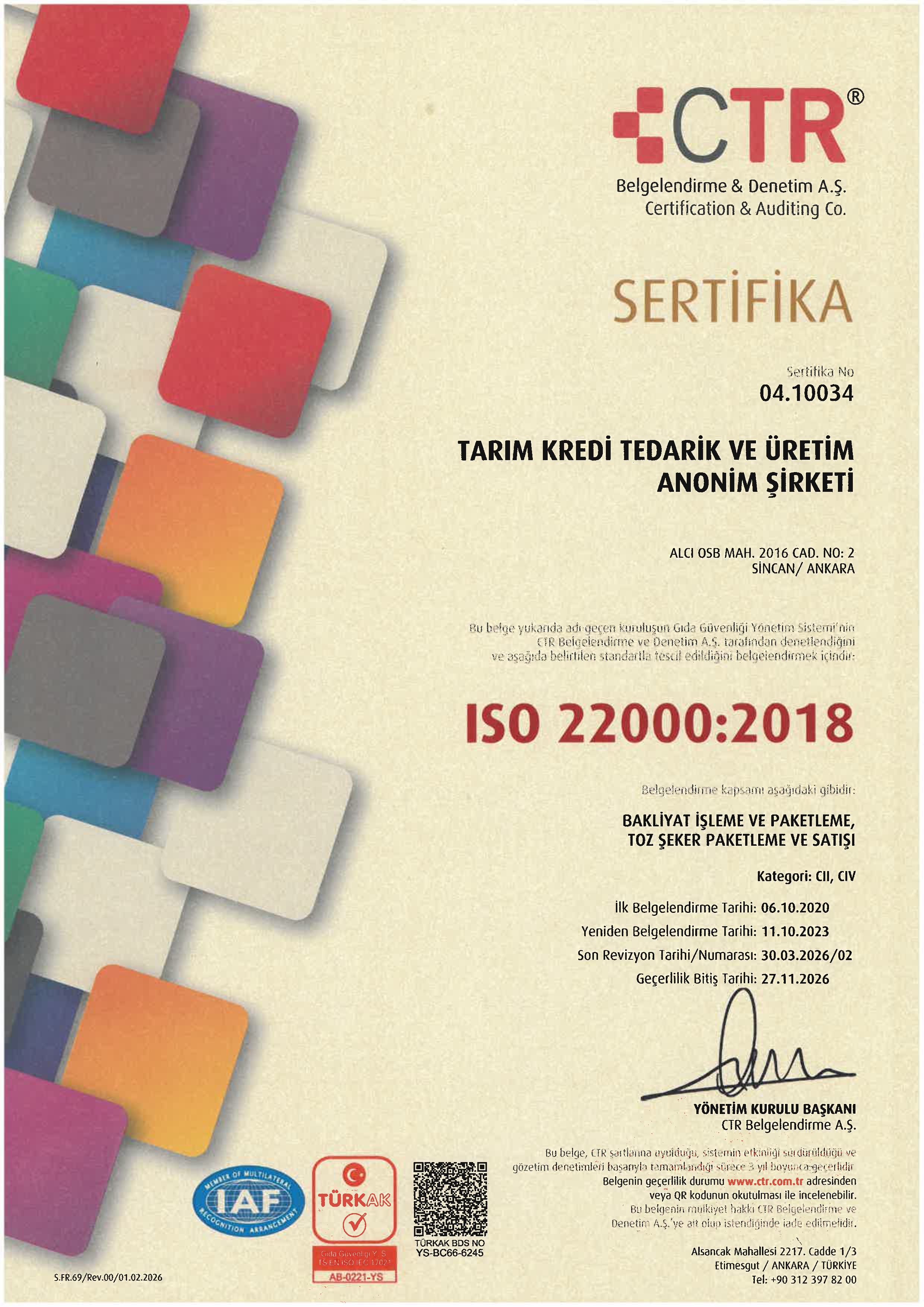Sincan Şube ISO 22000:2018 Gıda Güvenliği Yönetim Sistemi Belgesi