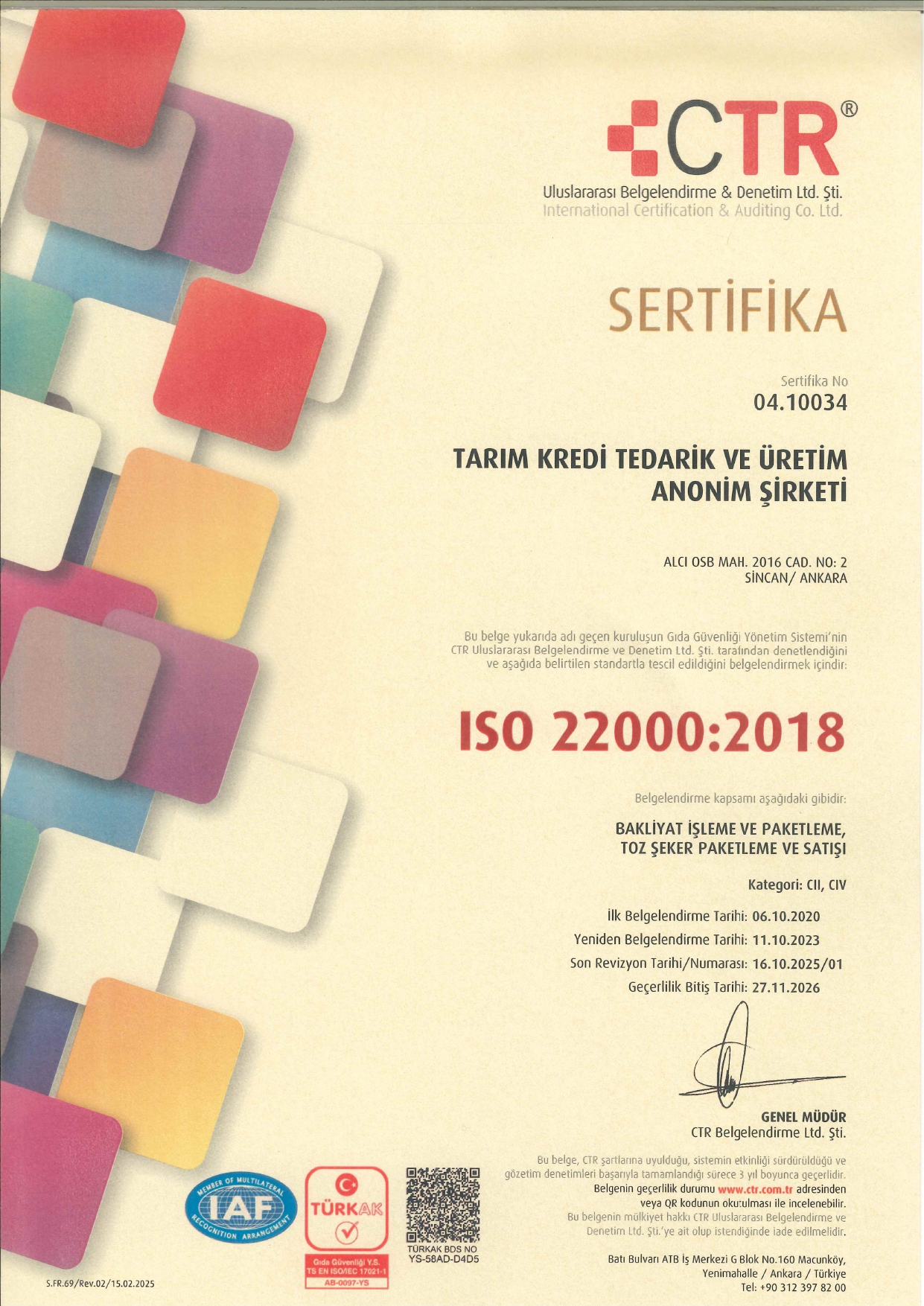 Sincan Şube ISO 22000:2018 Gıda Güvenliği Yönetim Sistemi Belgesi