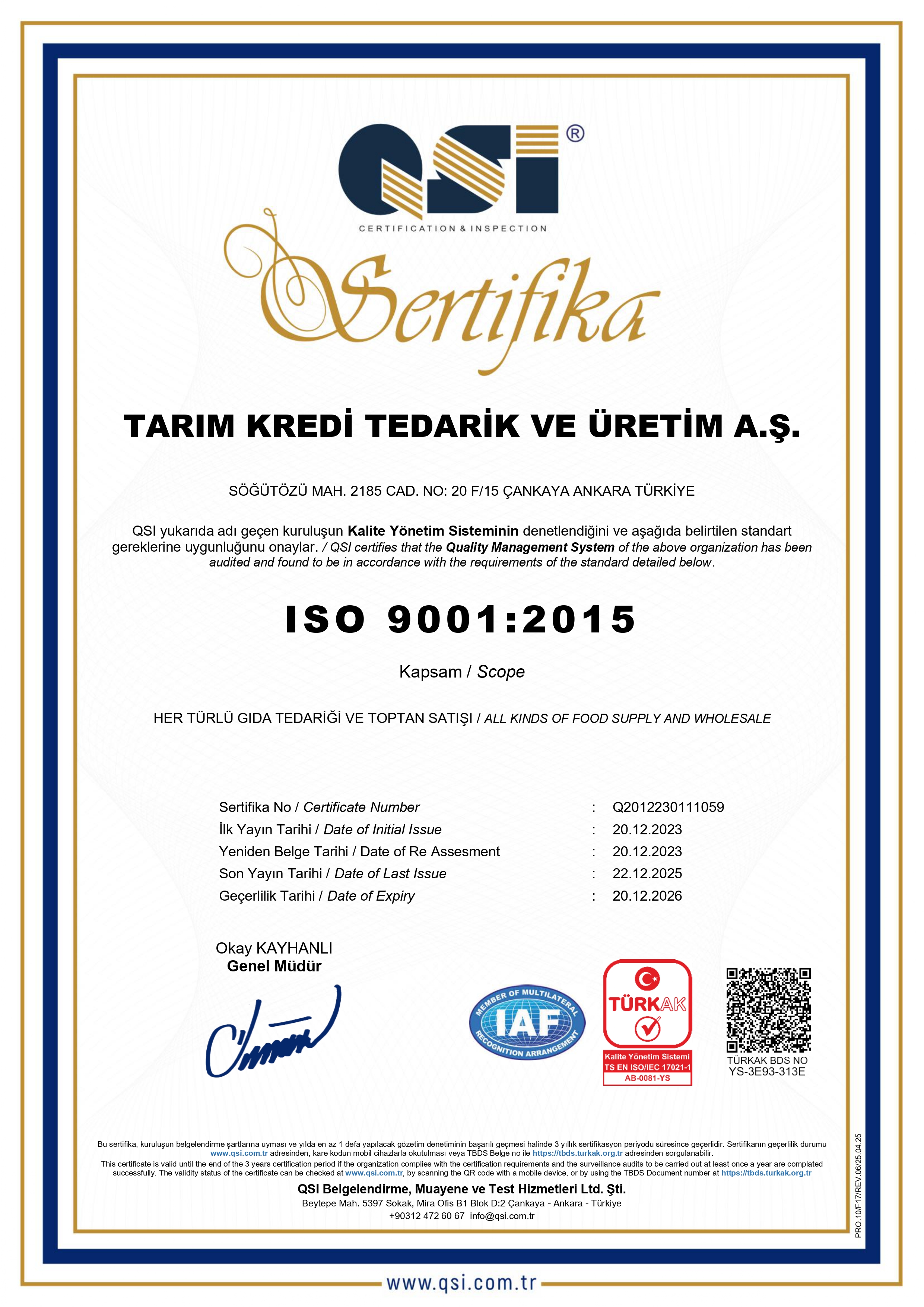 ISO 9001:2015 Kalite Yönetim Sistemi Belgesi