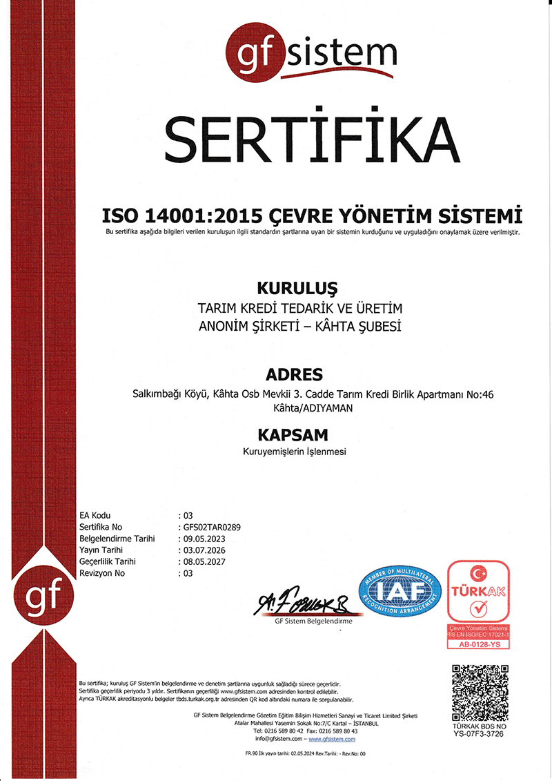 Kahta Şubesi- ISO 14001: 2015 ÇEVRE YÖNETİM SİSTEMİ