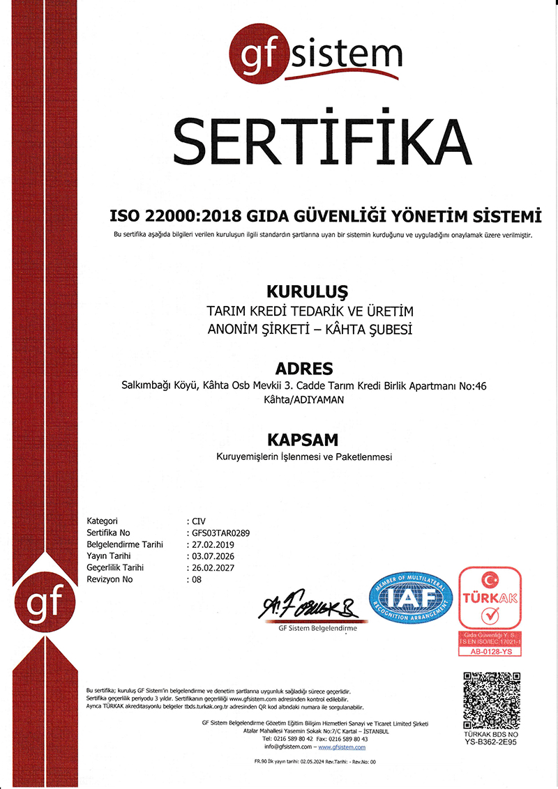 Kahta Şubesi- ISO 22000:2018 GIDA GÜVENLİĞİ YÖNETİM SİSTEMİ
