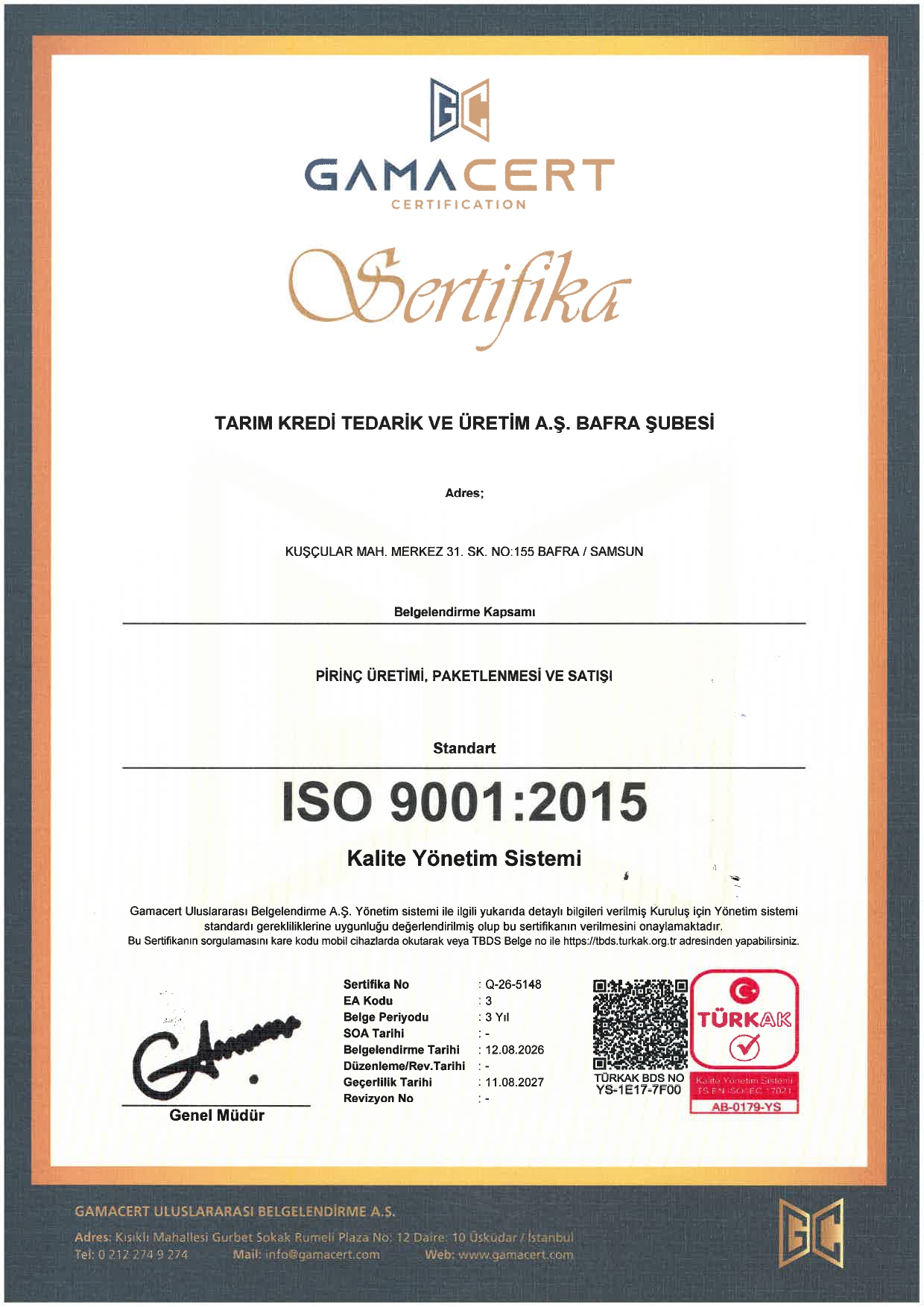 Bafra Şube ISO 9001:2015 Kalite Yönetim Sistemi Belgesi